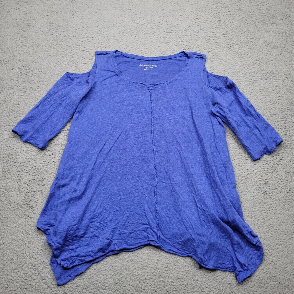 Soft Surroundings Shirt Womens ' Small Blue Linen Short Sleeve Cold Shoulder